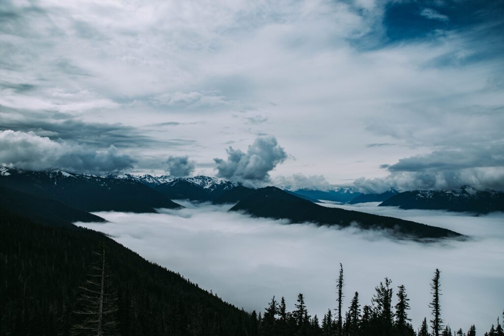 Misty mountains and clouds rolling over ridges in Olympic National Park, a dreamy national park to elope with coastal views, rainforests, and alpine peaks.
