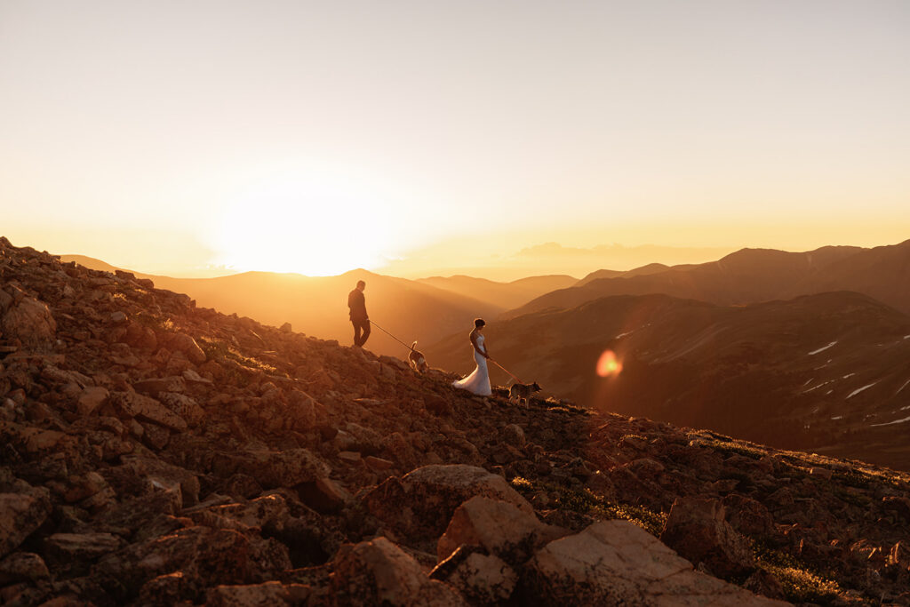 A bride in a white gown and her groom walk their two dogs along a rugged rocky ridge bathed in fiery golden sunset light, silhouetted against an endless mountain horizon at their breathtaking Loveland Pass elopement in Colorado.