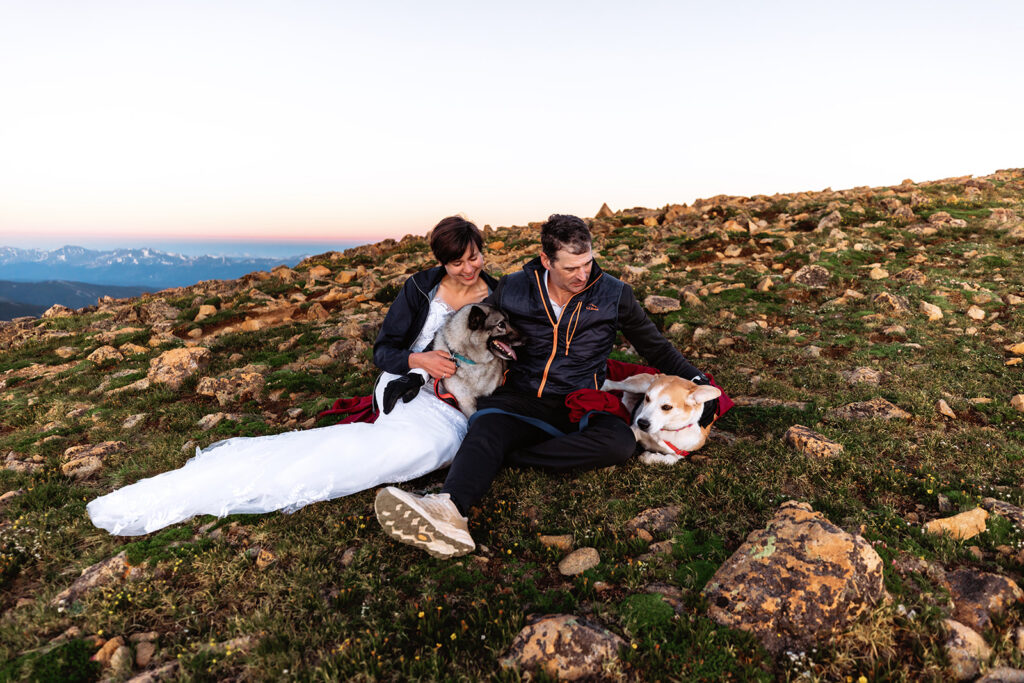 Alt text:
A bride in a wedding gown and her groom relax on a rocky alpine summit at sunrise, cuddling their two dogs with a soft pink horizon and snow-capped Colorado peaks stretching behind them at their Loveland Pass elopement with pets.